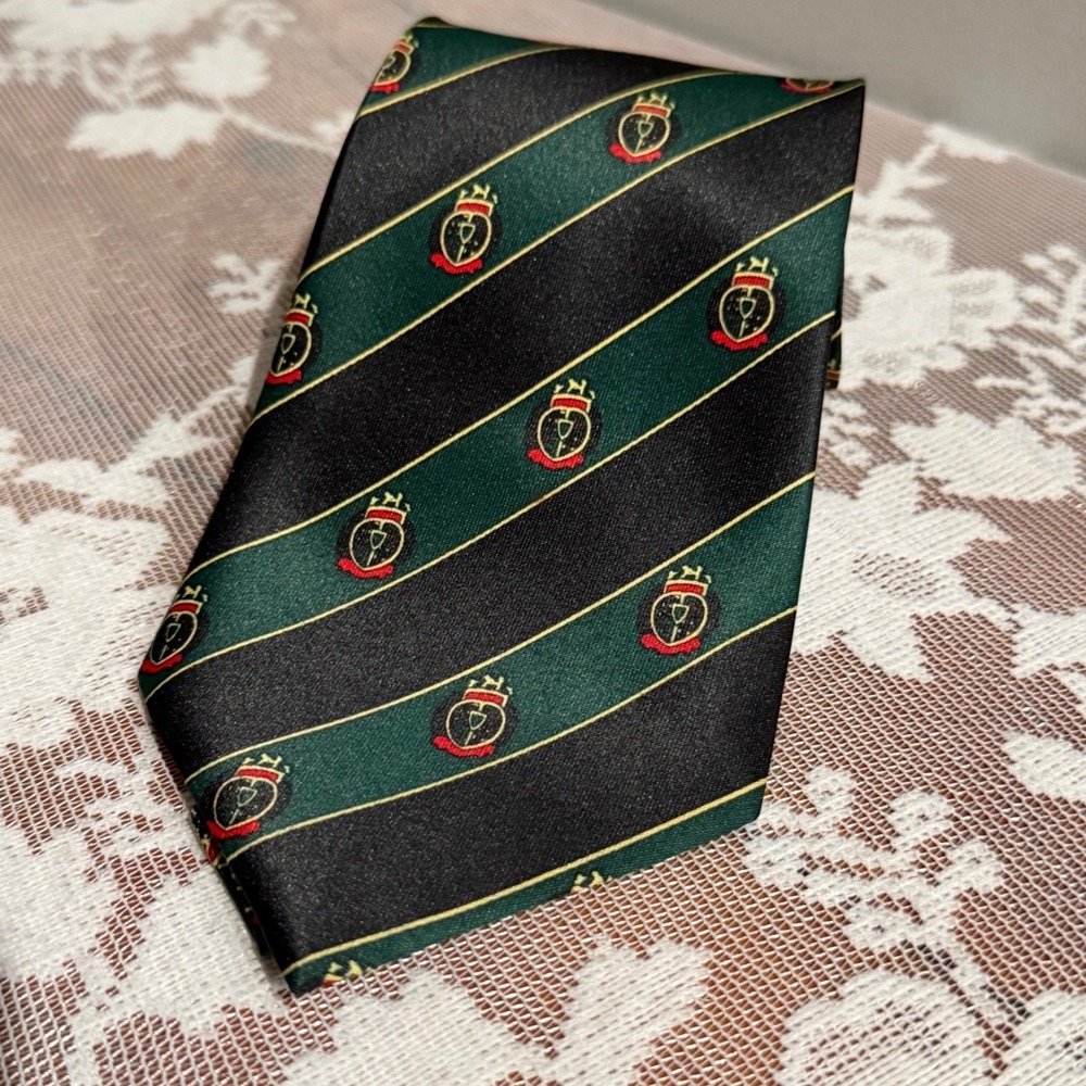 René Chagal Necktie Mens OS Green Black Excellent Crest Regimental Stripe Silk